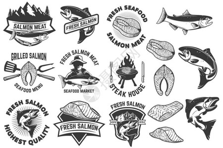 三文鱼肉和徽章海鲜烧烤鱼排标志标志的设计背景图片
