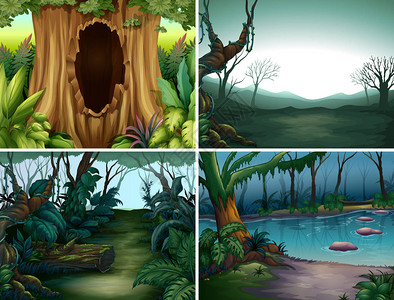 四个森林场景与树木和河流插图背景图片