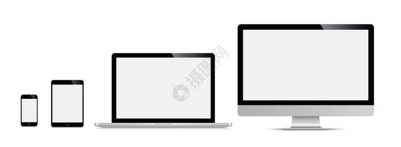 一组逼真的显示器笔记本电脑平板电脑智能手机图片