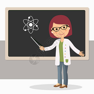 年轻的女教师在教室的黑板上科学课背景图片