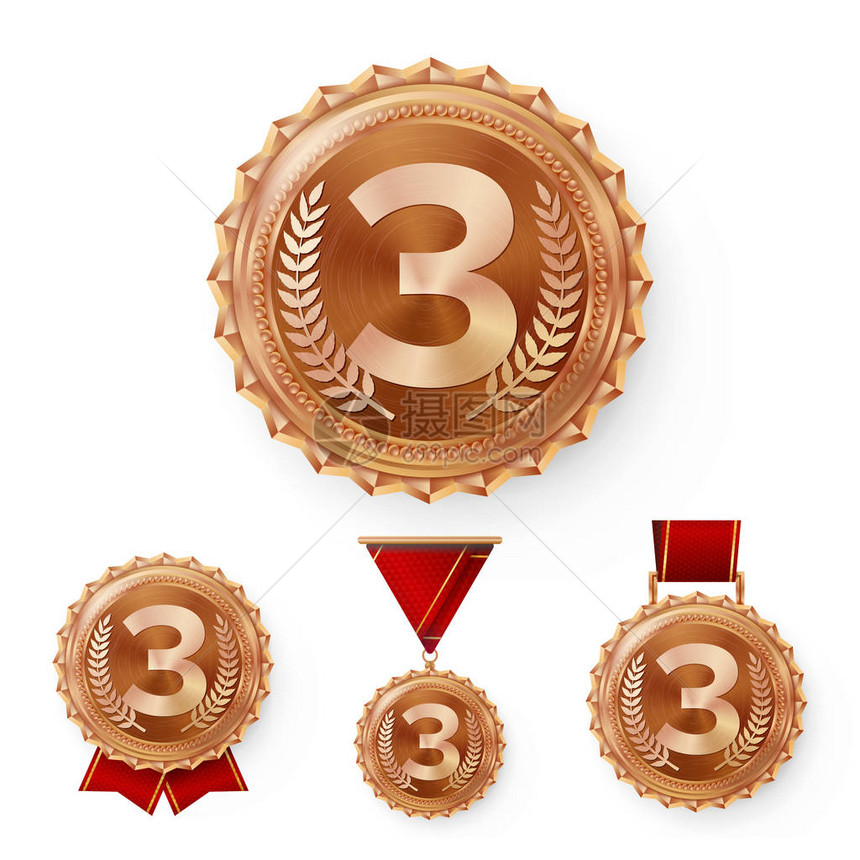 冠军铜牌设置向量金属逼真的第三名获奖者成就第三红丝带的圆形奖牌浮雕细节最佳挑战奖体育竞图片