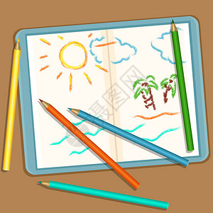 矢量图铅笔和记本与彩色儿童素描画图片