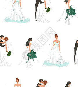 手画矢量抽象的卡通喜婚新娘和一对插图背景图片