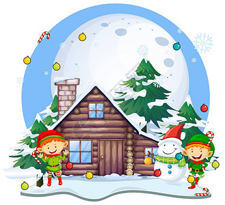 圣诞eleves和雪人的小屋插图图片