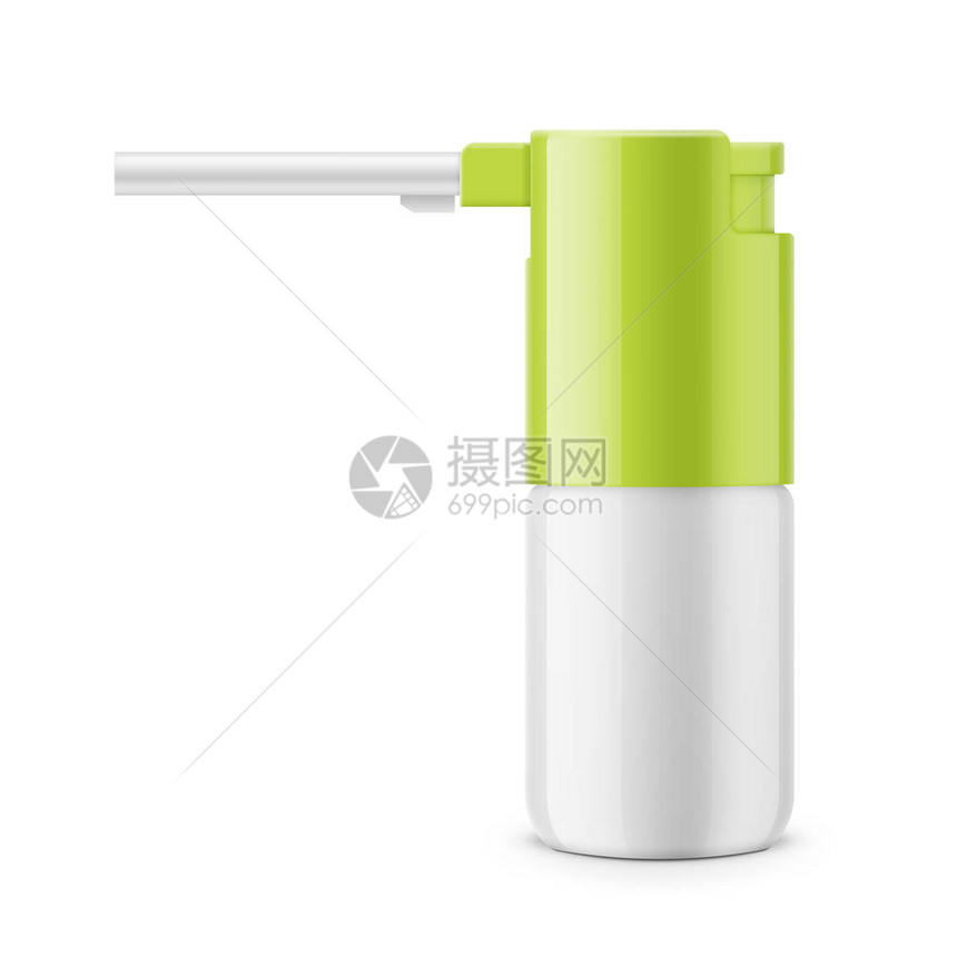 白色有光泽的口腔喷雾剂或带绿色盖的气雾剂瓶30毫升逼真的包装样机模板侧图片