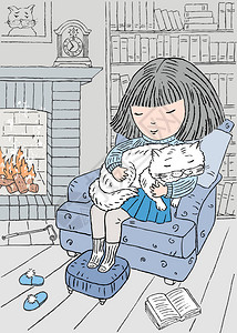 一个小女孩和宠物的矢量图像在温暖的夜晚睡图片