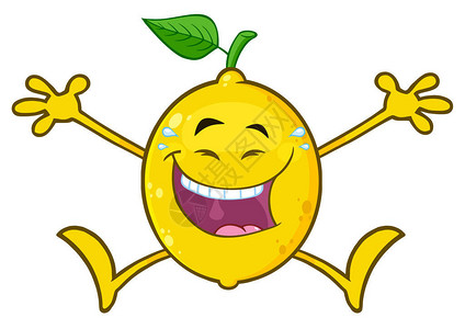 欢笑黄色柠檬新鲜水果与绿色叶子卡通马斯图片