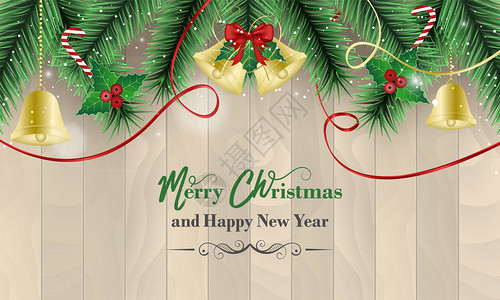 圣诞和新年的祝词有金铃红弓丝带胡利贝里魔杖和木本底的丁基效图片