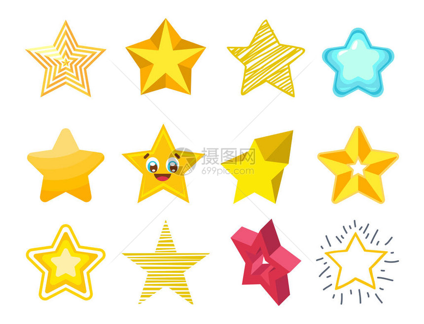 不同风格的形状轮廓闪亮的星形图标集合矢量图尖五角金奖抽象设计明星符号矢量图片