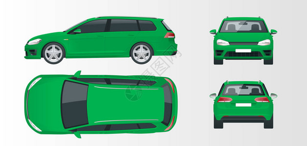 矢量绿色掀背车紧凑型混合动力汽车环保高科技汽车易变色在白色上隔离的模板向量查看正面背面背景图片