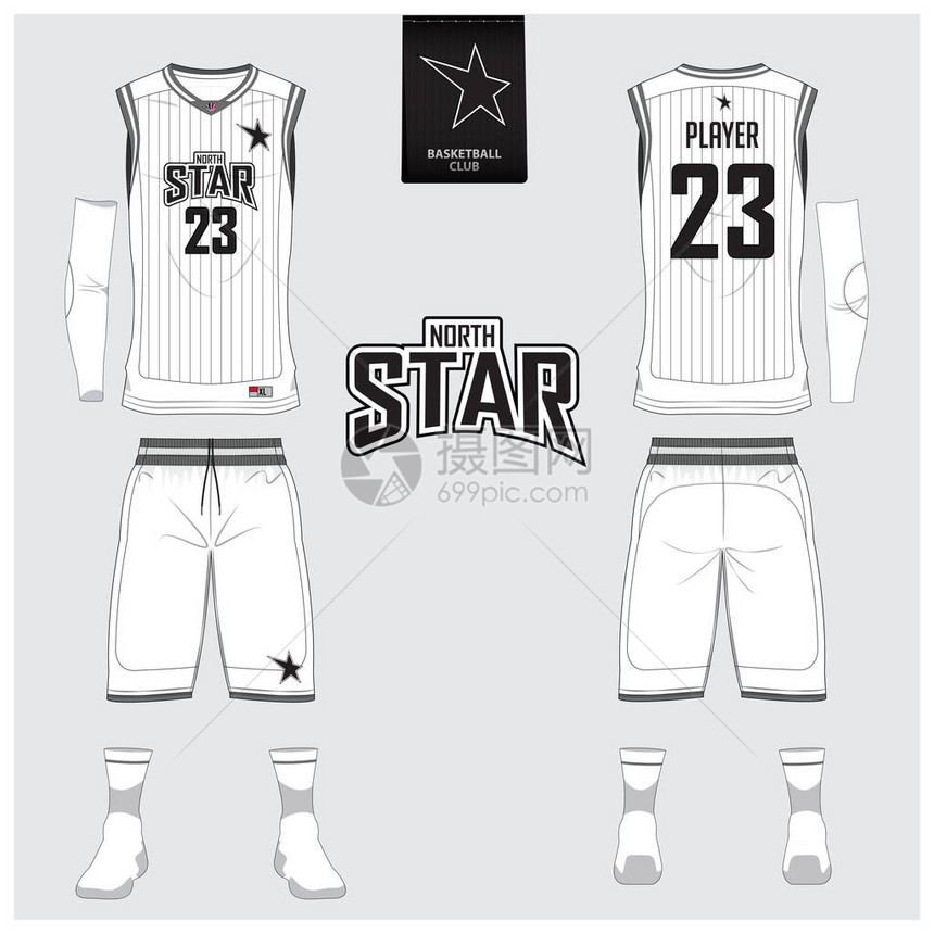 篮球俱乐部的白色篮球制服或球衣短裤袜子模板前后视图运动制服背心t恤模拟了标签上的篮球平面标志图片