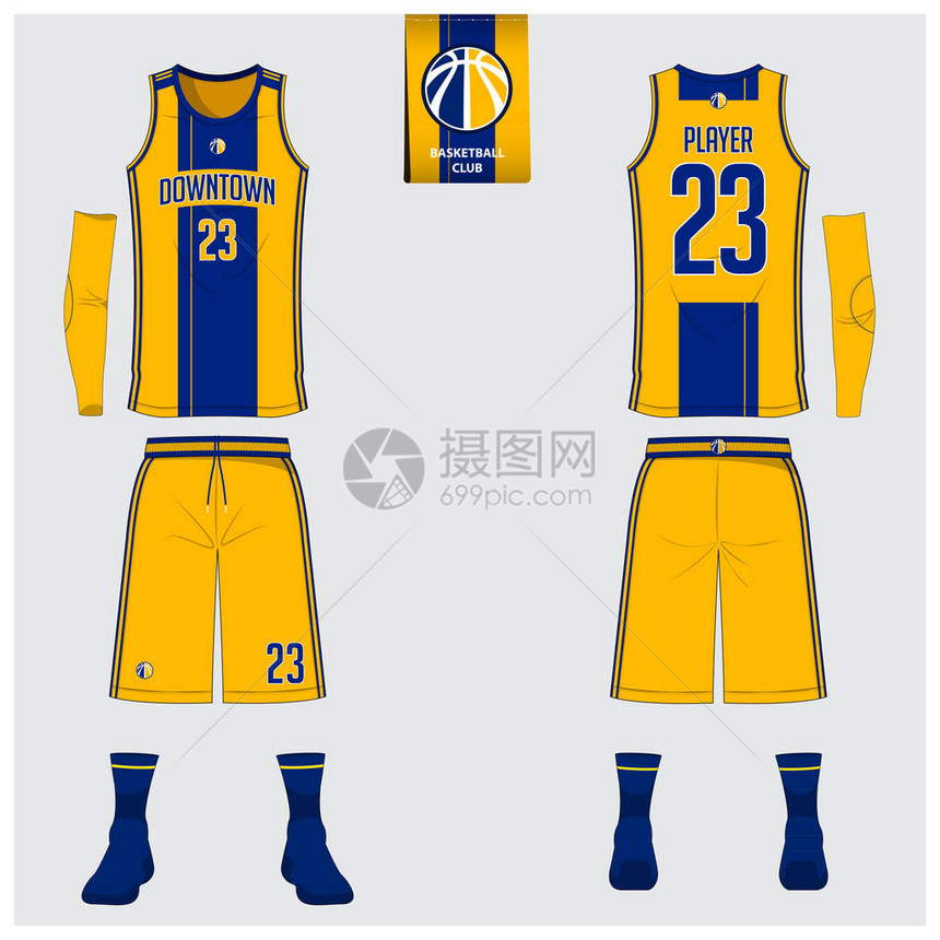 篮球俱乐部的黄色和蓝色篮球制服或球衣短裤袜子模板前后视图运动制服背心t恤模拟了标签上的篮球平面标志图片
