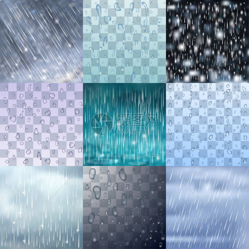 不同的雨滴和雨线背景矢量水雨滴插图自然图片