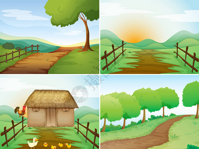 乡村四景与小屋和小径插画图片
