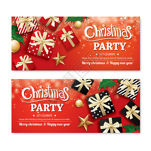 邀请欢乐圣诞节派对海报横幅和贺卡设计模板以红色背景图片