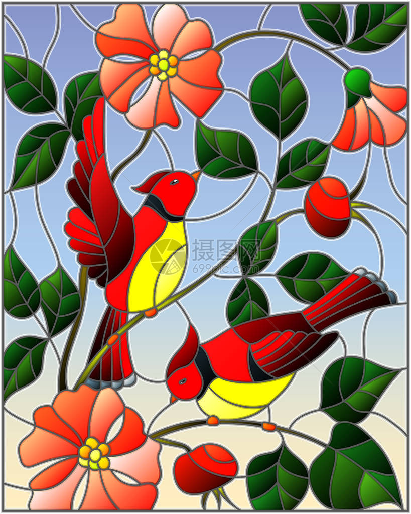 以彩色玻璃风格与两只红鸟在背景天空上盛开的野玫瑰枝图片