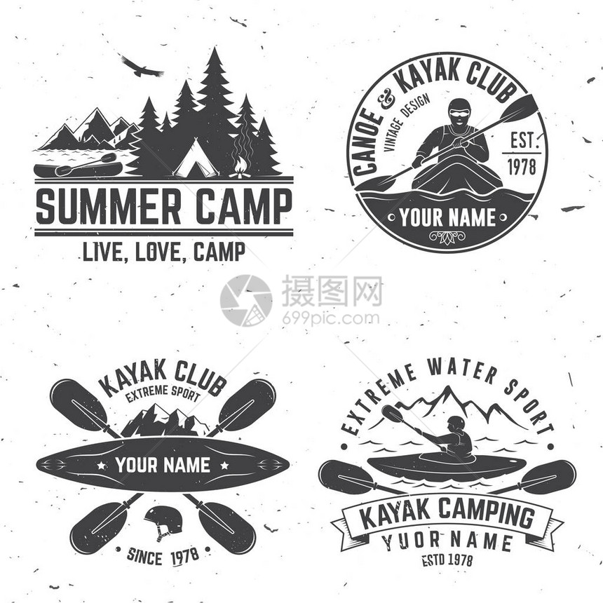 一套皮艇俱乐部徽章矢量插图衬衫印刷品邮票或茶叶的概念山地和Kayaker光环的旧式打字设计图片