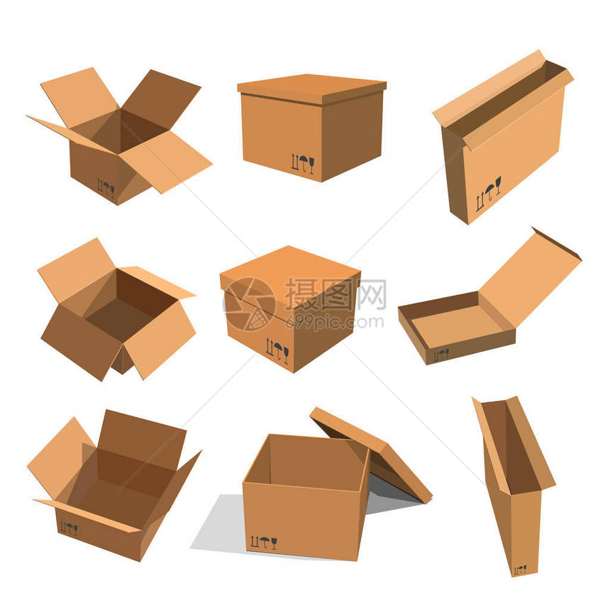 用于白色背景包装货物的纸面黄箱套设计用平板样式框的矢量插图V图片
