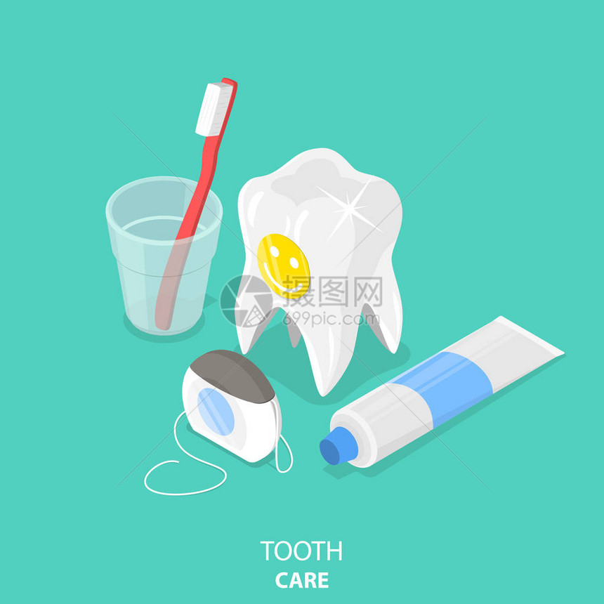 牙齿护理平面等距矢量上面有脸贴纸的大白牙玻璃中的牙刷牙膏和图片