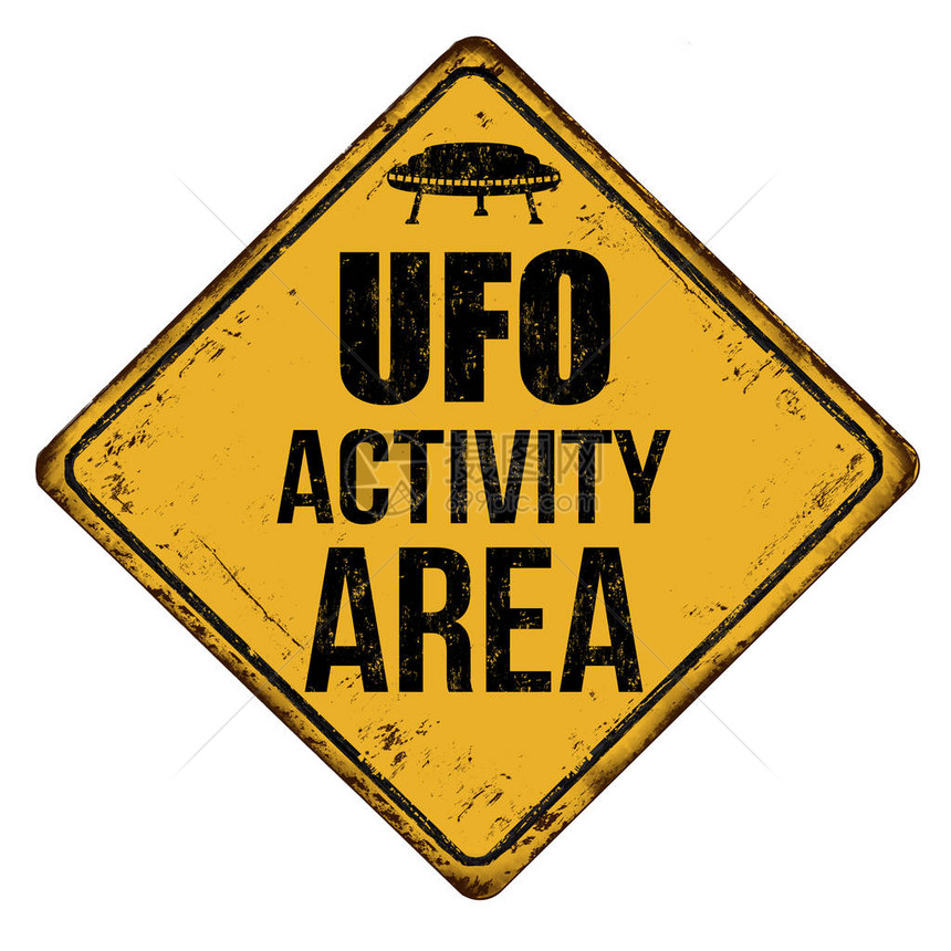 UFO活动区白色背景上的生锈金属标图片