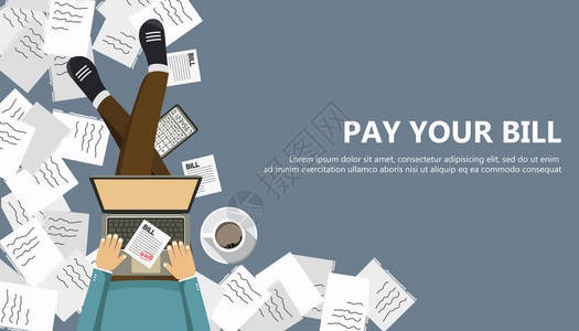 平面样式的账单支付设计支付账单的概念男人坐在地板上图片