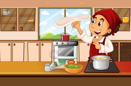 厨师在厨房插图中烹饪食物图片