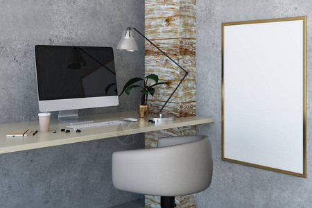 带有空电脑屏幕装饰厂和海报的创意设计师桌面Mockup图片