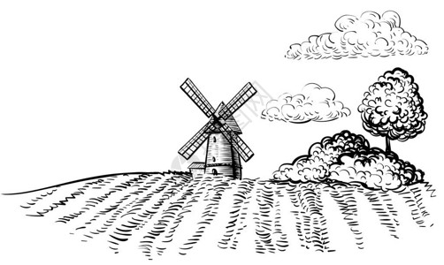 风车在农田背景树和乡村景观手绘素描风格插图黑白农村场水平图片