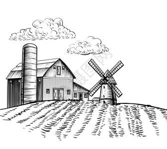 风车在农田背景树和乡村景观手绘素描风格插图黑白农村场图片