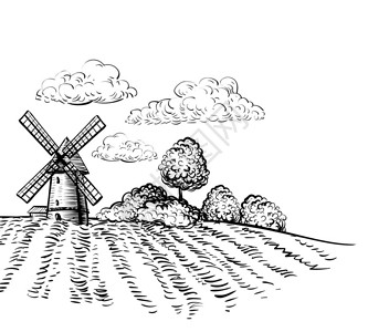 风车在农田背景树和乡村景观手绘素描风格插图黑白农村场图片