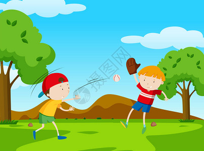 两个男孩在公园插图中打棒球图片