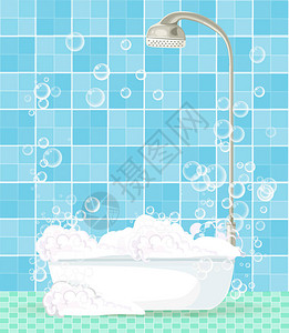 带有浴室内部充满泡沫的浴缸漂浮肥皂泡和蓝瓦底复制空间的可爱卡通模板图片