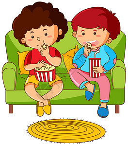 两个男孩在沙发上吃爆米花插画背景图片