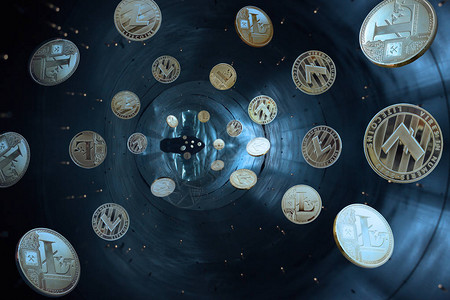 蓝色背景上是虚拟数字加密货币的金币和银币商业加速器粒设计图片