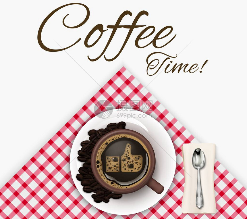 以桌布为背景的咖啡咖啡豆和勺子加咖啡图片