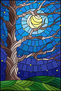 与星和月亮一起在天空背景上树用彩色图片