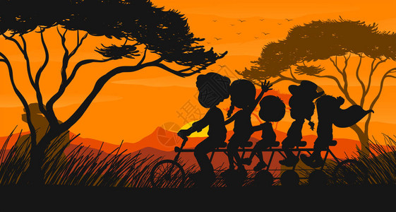 剪影场景与家庭骑自行车插图图片