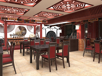 中餐廳中餐厅内部设计的3d渲染设计图片