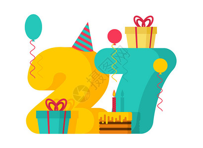27年生日快乐贺卡周年庆典模板二十七号和带蜡烛的节日蛋糕图片