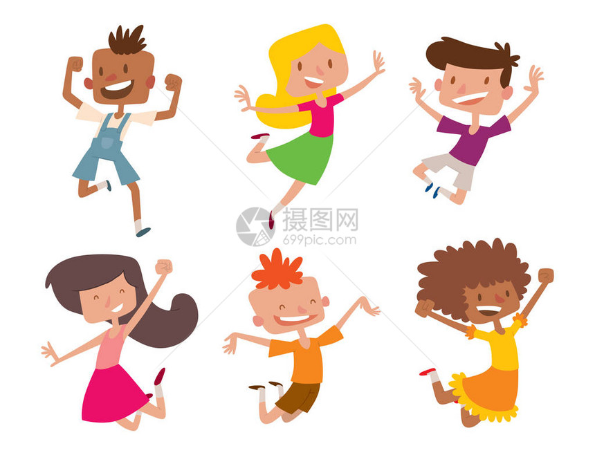 不同位置的快乐儿童大矢量跳跃快乐儿童组和有趣的卡通儿童快乐团队笑小人喜欢生图片