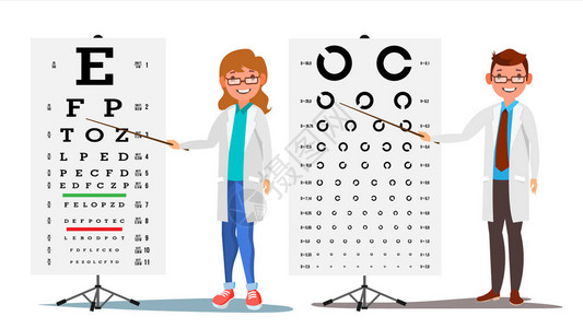 眼科医生设置向量女男医学眼科诊断在诊所的眼睛测试图表近视诊断医学概念图片