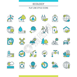 关于主题环境和生态的扁线设计图标可再生能源和绿色技术图片