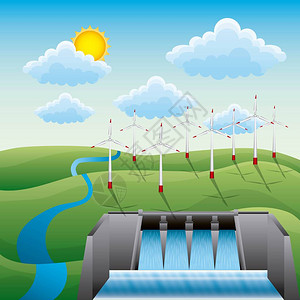 水电大坝风车景观水电创意可再生矢量图图片