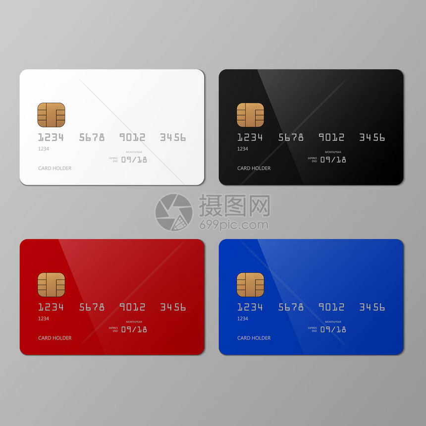 真实的白色黑色红色和蓝色信用卡模型板图片