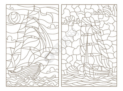 设置彩色玻璃海景在多云的天空和太阳背景下航行的船只的轮廓图白色背景图片