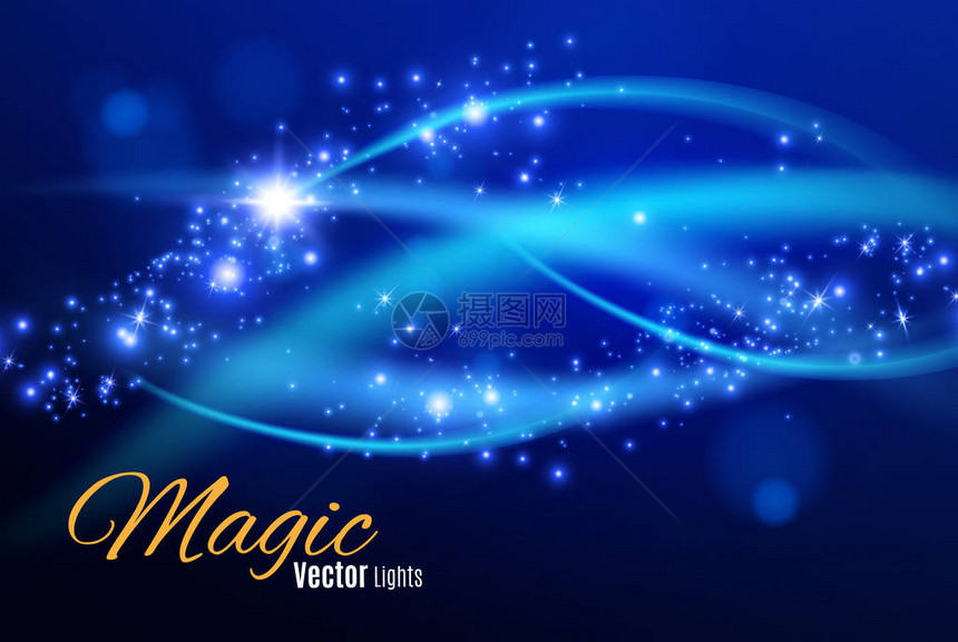 蓝色火花和星闪烁特殊的灯光效果闪发光的魔法尘埃粒子带有光线和魔法火花的光晕特效发光透明矢量图片