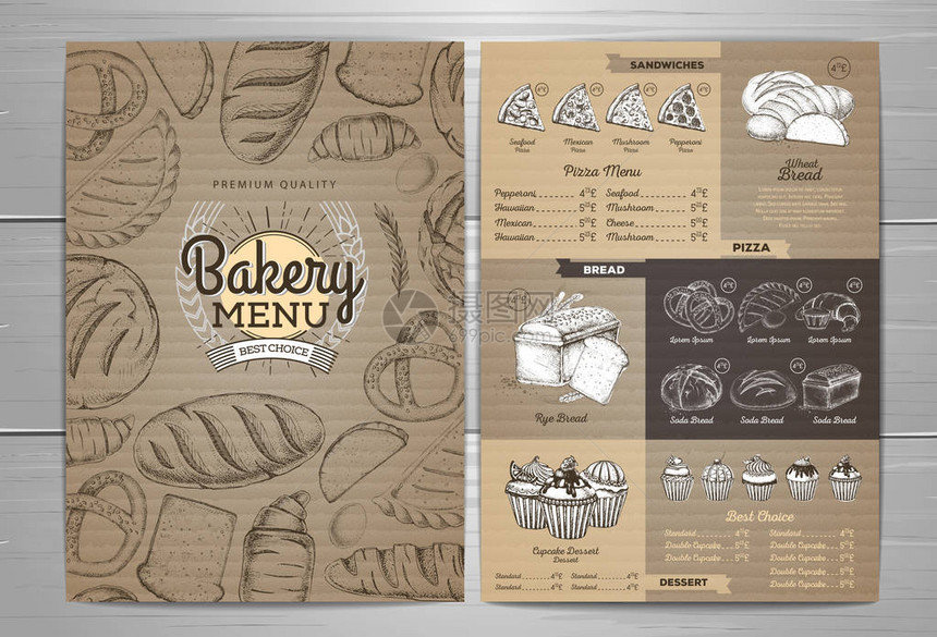 硬纸板背景的旧式面包店菜单设图片