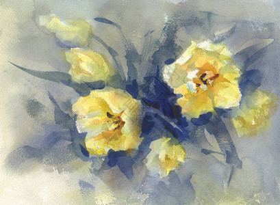 黄色郁金香水彩背景生日贺卡春天的花朵图片