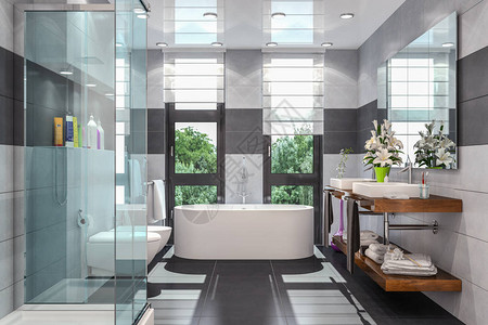 现代浴室的3d渲染白色和黑色图片