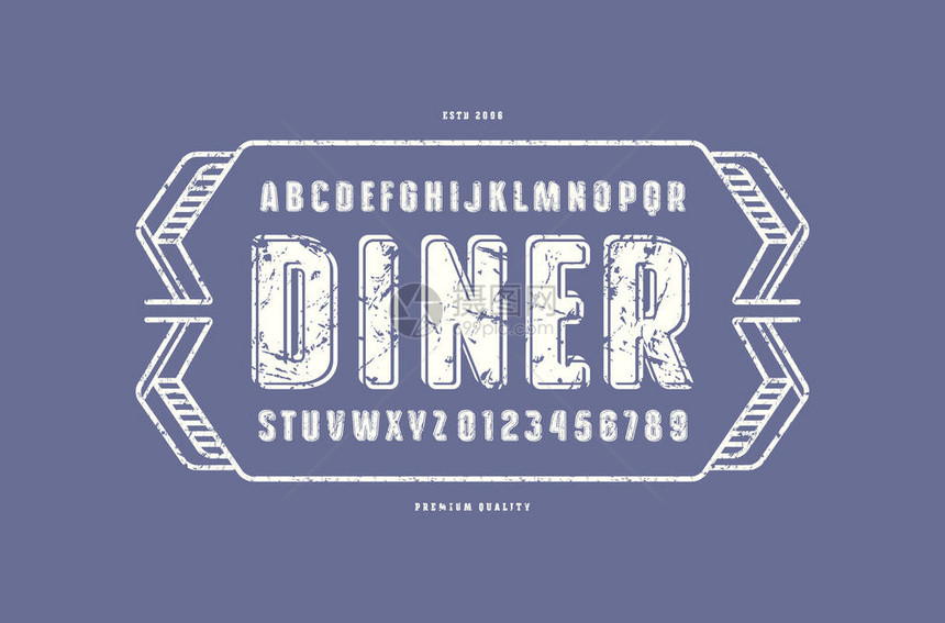 带圆角的装饰无衬线字体晚餐的标签模板用于标志和标志设计的具有粗糙纹理的字母和数字紫罗兰色背景图片